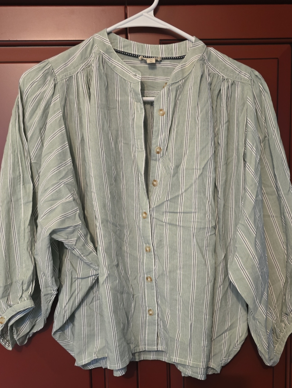 Light Green Striped Button-Front Women’s Shirt Pilco Balloon Sleeve
